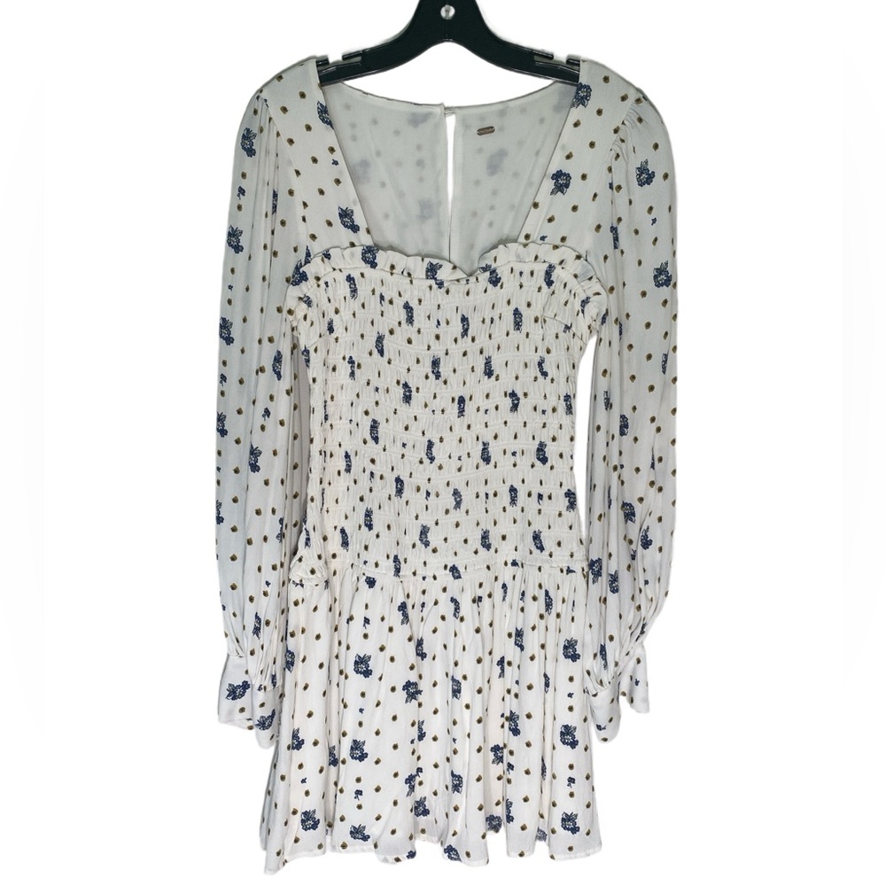 Free People Floral Two Faces Mini Dress Sz S White Smocked Long Sleeve Flowy - Picture 4 of 12